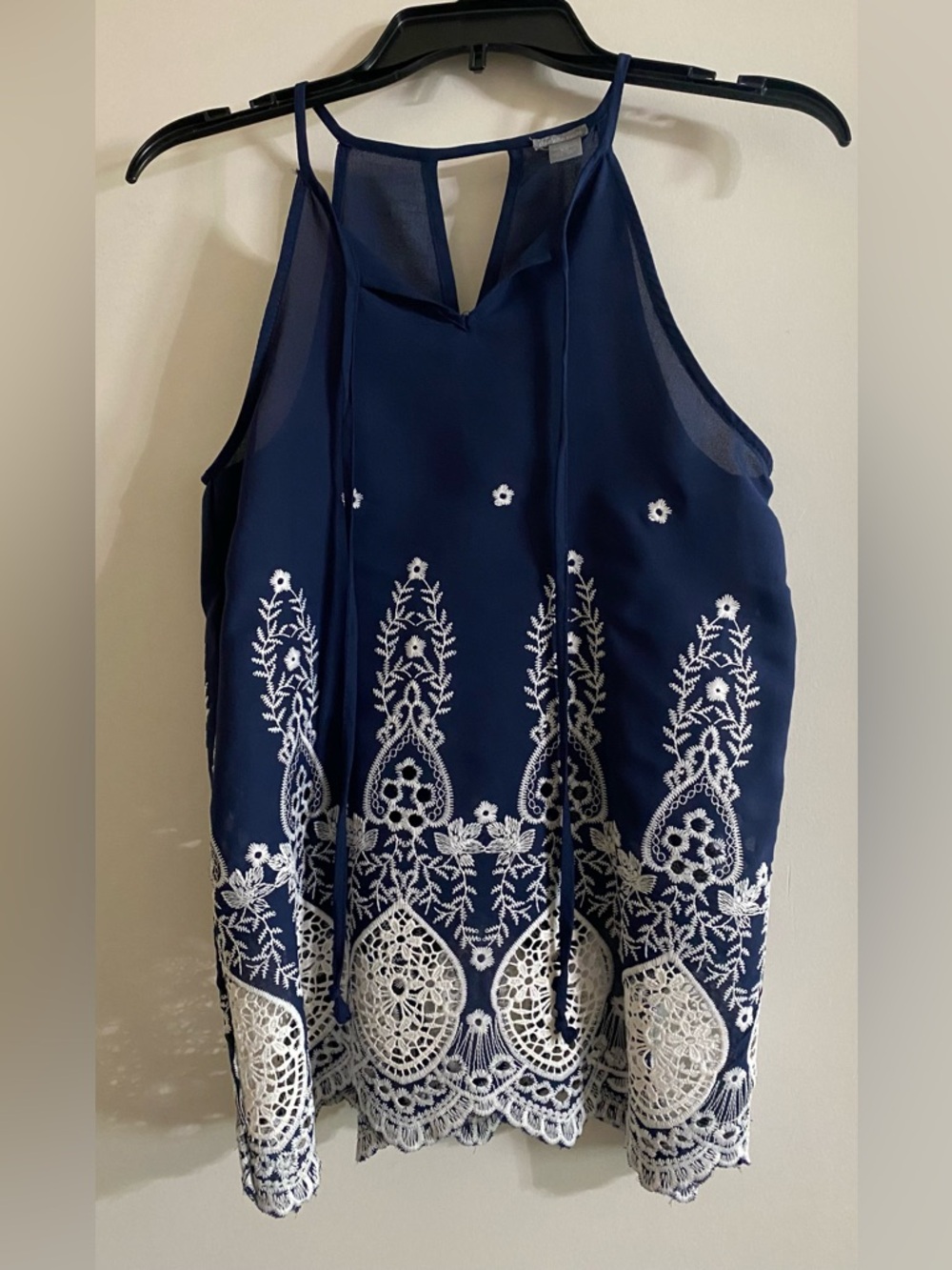 Charlotte Russe Navy Halter Camisole with White Embroidery